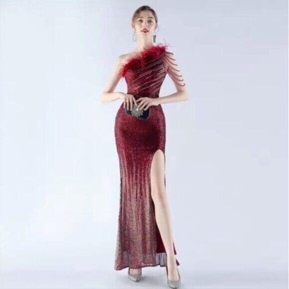Crimson, One Shoulder Beaded,  Feather Neckline,  Sleeveless,  Sequined Gown - Picture 5 of 14